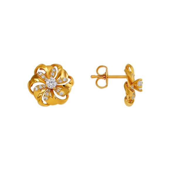 14k REAL GOLD Fancy Flower Stud CZ Earrings 12MM - Picture 2 of 4